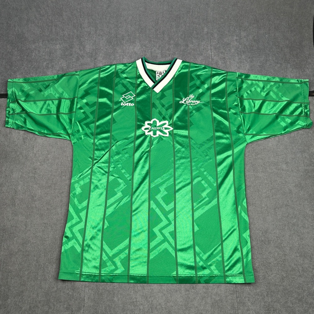 Vintage Lotto Calcio Italia Soccer Jersey Green Geometric Striped XL 90s Sport